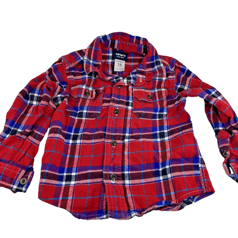 Carter’s Baby Flannel Plaid Shirt 18M Red Blue Button Up